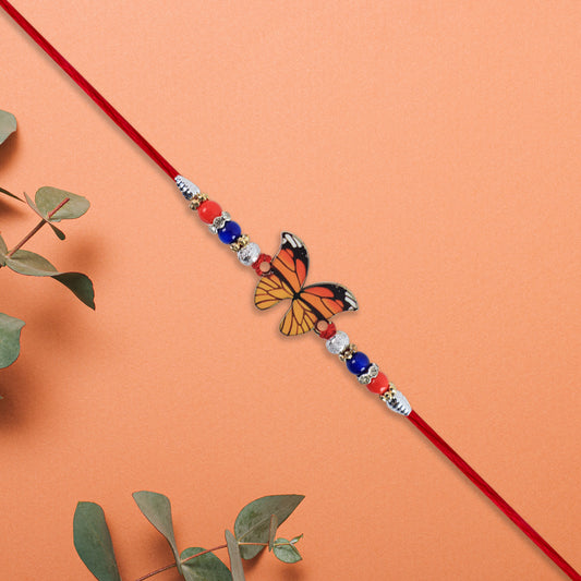 Vibrant Butterfly Rakhi With Colorful Beads Red Mauli Thread