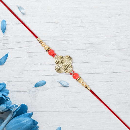 Rakhi With Multicolor Beads Silver Accents On Red Thread