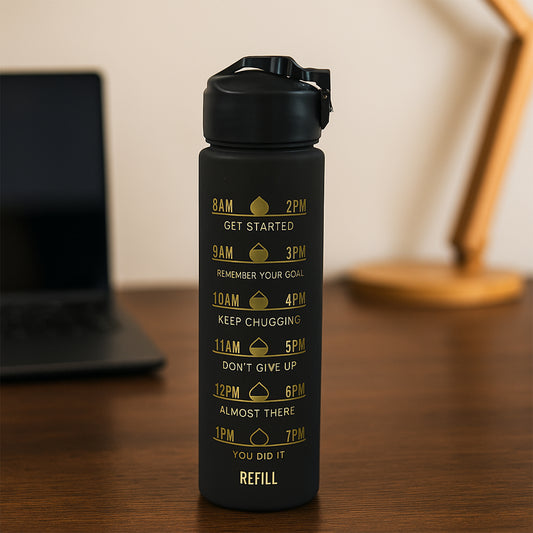 2 Pc Premium Black Motivational Water Bottle Set (900 Ml + 300 Ml)