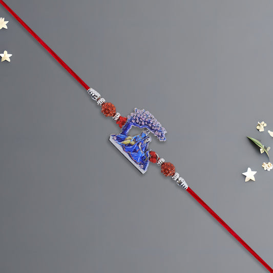 Radha Krishna Rakhi Under Tree Design With Rudraksha Red Mauli Thread