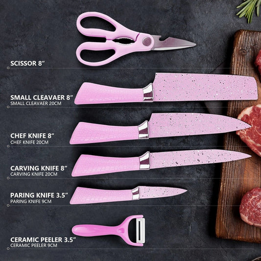 Stainless Steel Non Stick Ceramic Coating 6 Pcs Chef Kitchen Knife Set With Scissor Peeler