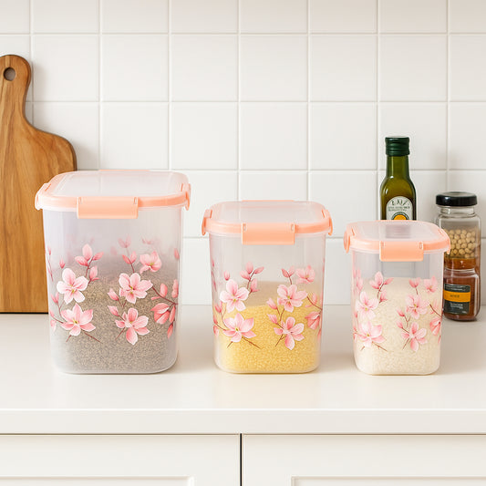 Square 3 Pcs Floral Printed Airtight Storage Container Set Approx 2.8 Ltr 4.5 Ltr 6.9 Ltr (3 Pcs Set)