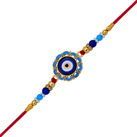 Evil Eye Rakhi With Blue Beads And Golden Accents Protective Nazar Design