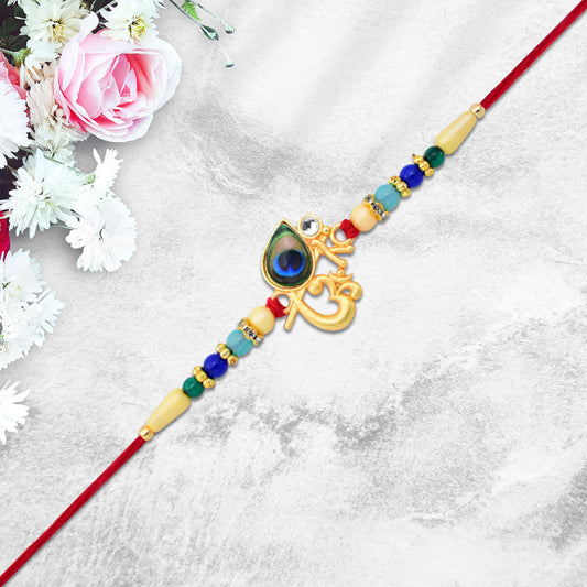 Divine Govind Rakhi With Peacock Feather Design And Multicolor Beads