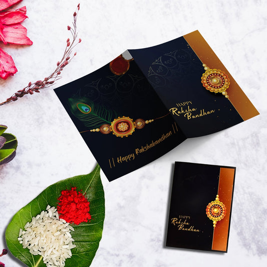 Rakhi Gift Set Of 5 For Brother Designer Rakhi Combo With Choco-coated Almonds Silver Coin Roli Chawal Greeting Card
