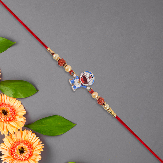 Cute Doraemon Kids Rakhi With Rudraksha Pearl Beads
