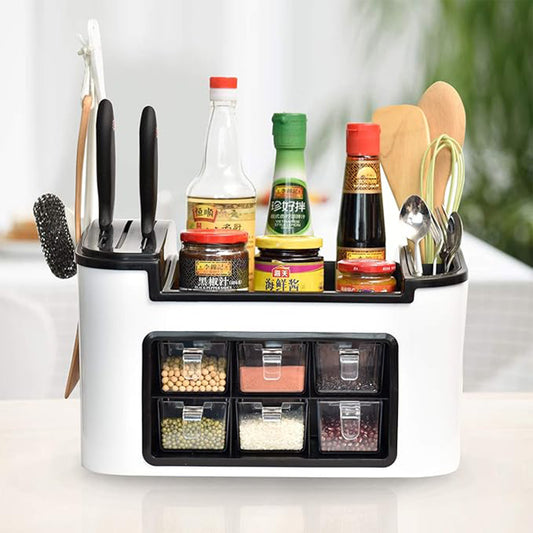 Multifunctional Kitchen Storage Organizer Rack With 6 Spice Containers Knife Spoon Holder And Top Shelf