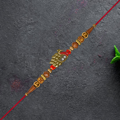 Antique Peacock Feather Rakhi With Beaded Thread