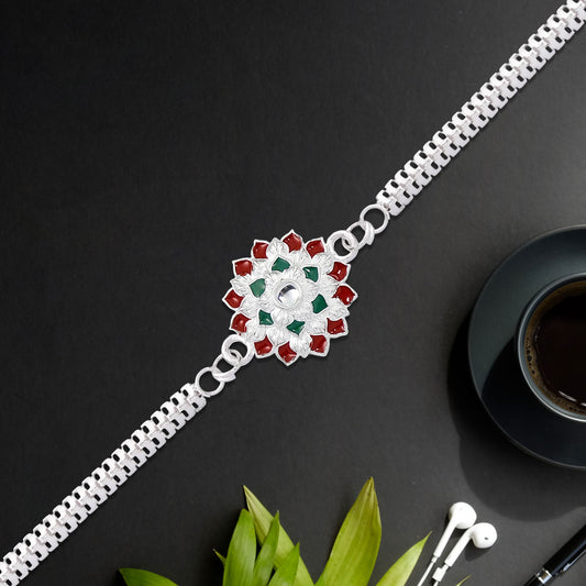 Round Shape Silver Chain Rakhi With  Red-green Accents