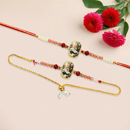 Elegant Swan Design Bhaiya Bhabhi Rakhi Set  Premium Printed Tile Rakhi With Crystal Beads  Adjustable Bracelet