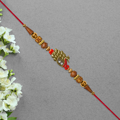 Antique Peacock Feather Rakhi With Beaded Thread