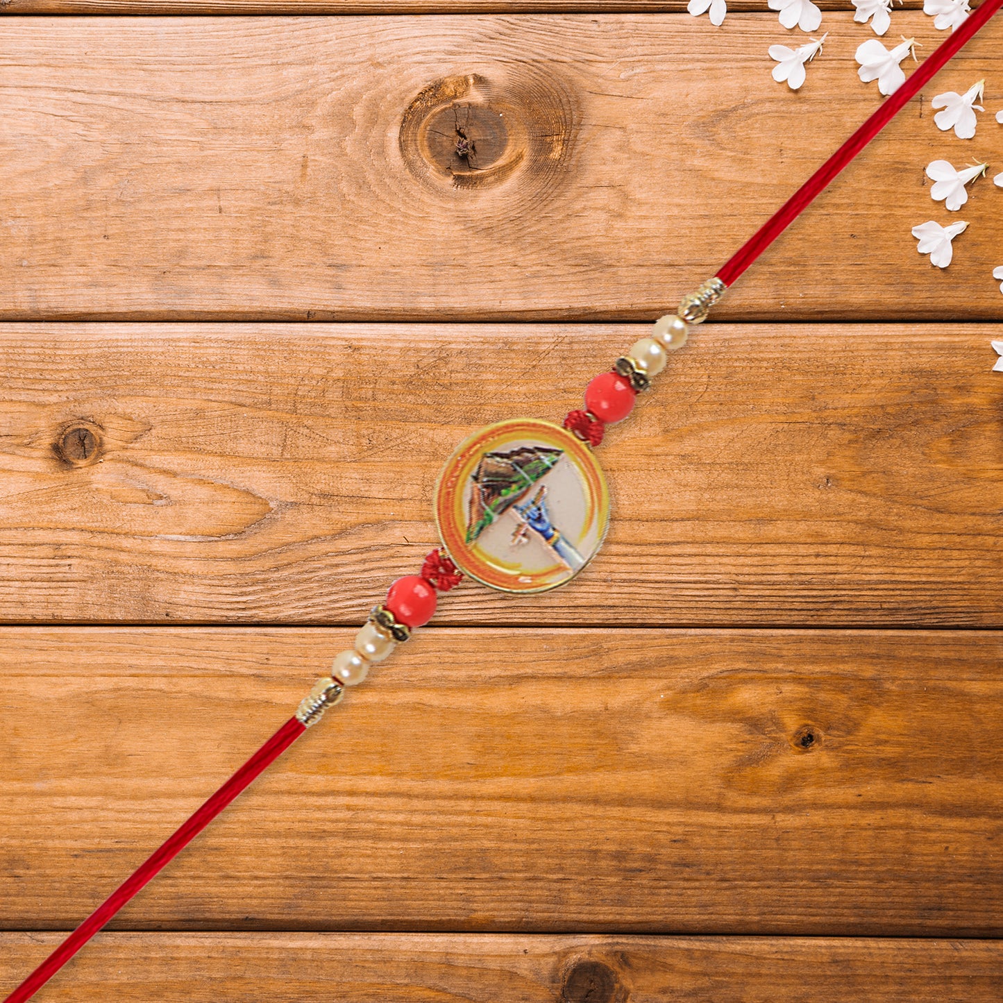 Divine Krishna Govardhan Parvat Rakhi With Pearl  Mauli Thread