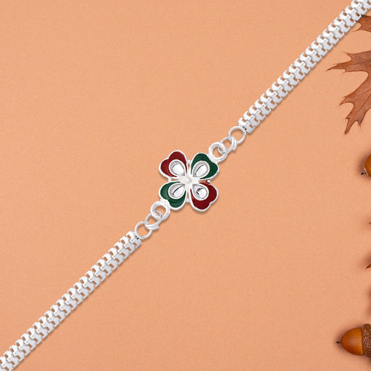 Designer Flower Rakhi With Mirror Stone Center And Dual-link Metal Chain