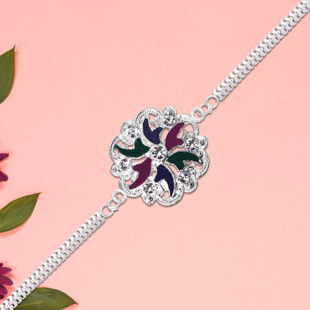 Silver Floral Rakhi With Multicolor Enamel  Chain Band