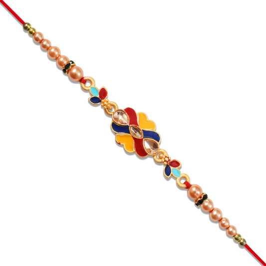 Premium Designer Rakhi With Multicolor Enamel Kundan Stones  Golden Pearls
