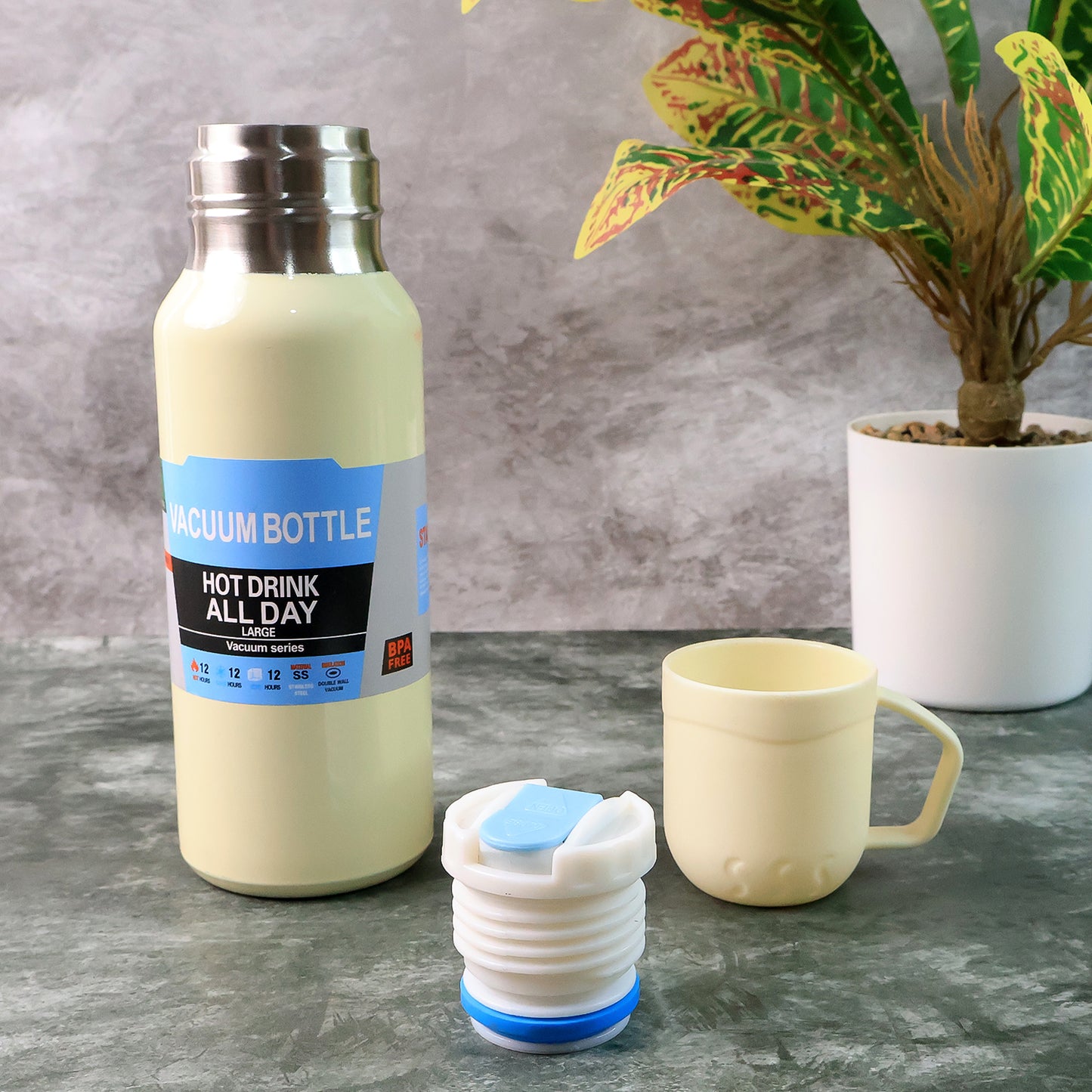 White Vacuum Flask Set  Stainless Steel Thermos With 3 Cups Approx 500ml