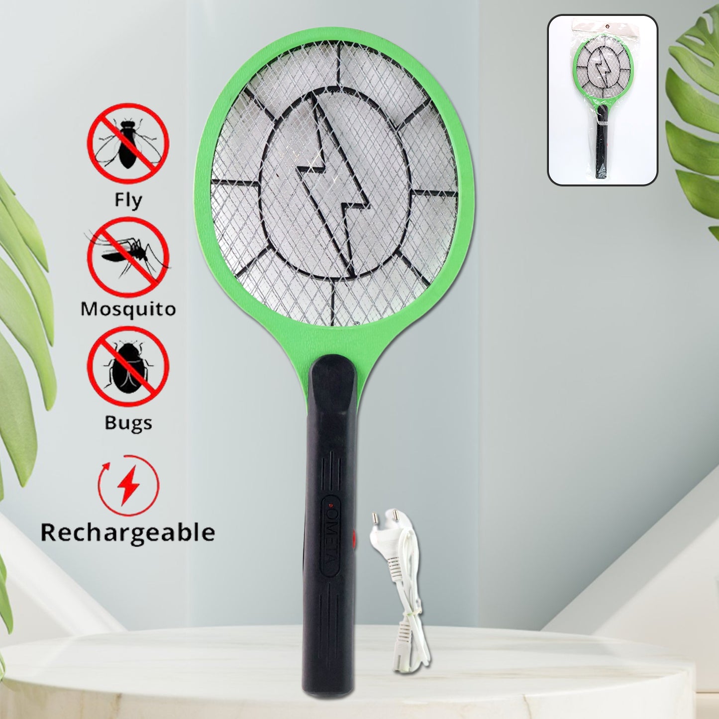 Green Rechargeable Electric Mosquito Killer Racket With Cable