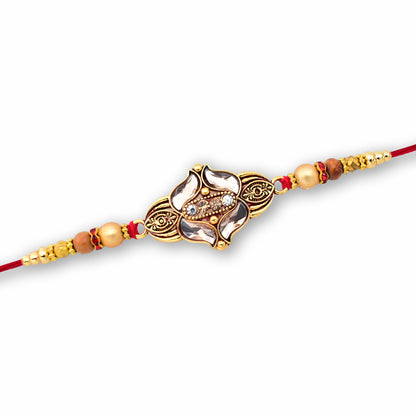 Elegant Floral Designer Rakhi With Gold-toned Beads  Red Thread
