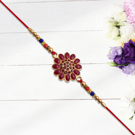 Red Floral Stone Rakhi With Bead Accents