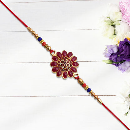 Red Floral Stone Rakhi With Bead Accents