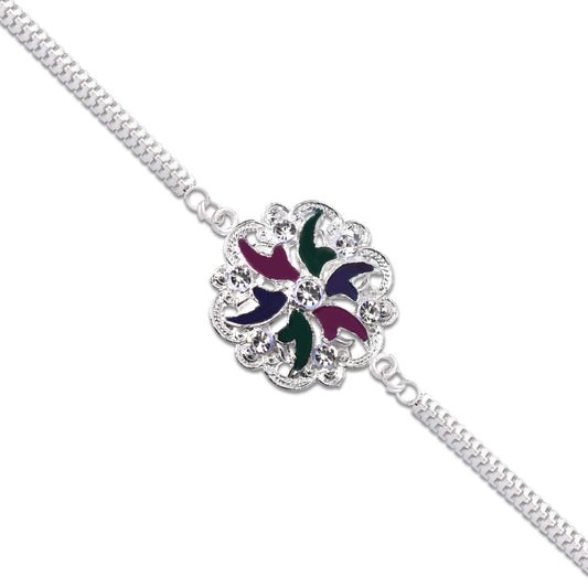 Silver Floral Rakhi With Multicolor Enamel  Chain Band