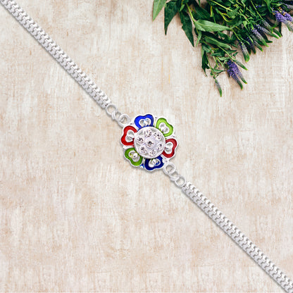 Silver Floral Rakhi With Multicolor Enamel And Stones