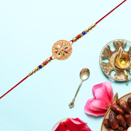 Elegant Meenakari Floral Rakhi With Colorful Beads  Golden Detailing