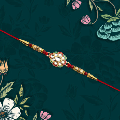 Kundan Work Floral Rakhi With Red Thread