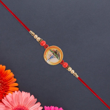 Divine Krishna Govardhan Parvat Rakhi With Pearl  Mauli Thread