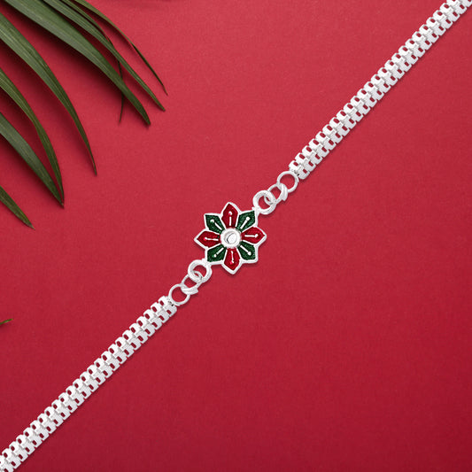 Star Floral Rakhi With Red-green Enamel And Silver Chain