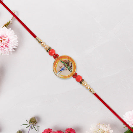 Divine Krishna Govardhan Parvat Rakhi With Pearl  Mauli Thread
