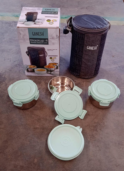 8717 4in1tiffin Box-lunch Box  3 Stainless Steel Containers 300 Ml Approx  Plastic Salad Container 200 Ml Approx Plastic Lid Box  Round Zip Bag  Leak Proof  Microwave Safefor Office College And School For Men Women