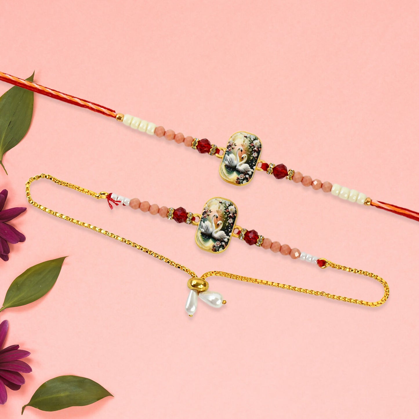 Elegant Swan Design Bhaiya Bhabhi Rakhi Set  Premium Printed Tile Rakhi With Crystal Beads  Adjustable Bracelet