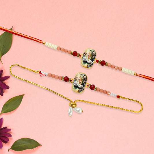 Elegant Swan Design Bhaiya Bhabhi Rakhi Set  Premium Printed Tile Rakhi With Crystal Beads  Adjustable Bracelet