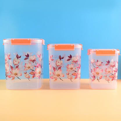 Square 3 Pcs Floral Printed Airtight Storage Container Set  Approx 2.8 Ltr 4.5 Ltr 6.9 Ltr (3 Pcs Set)