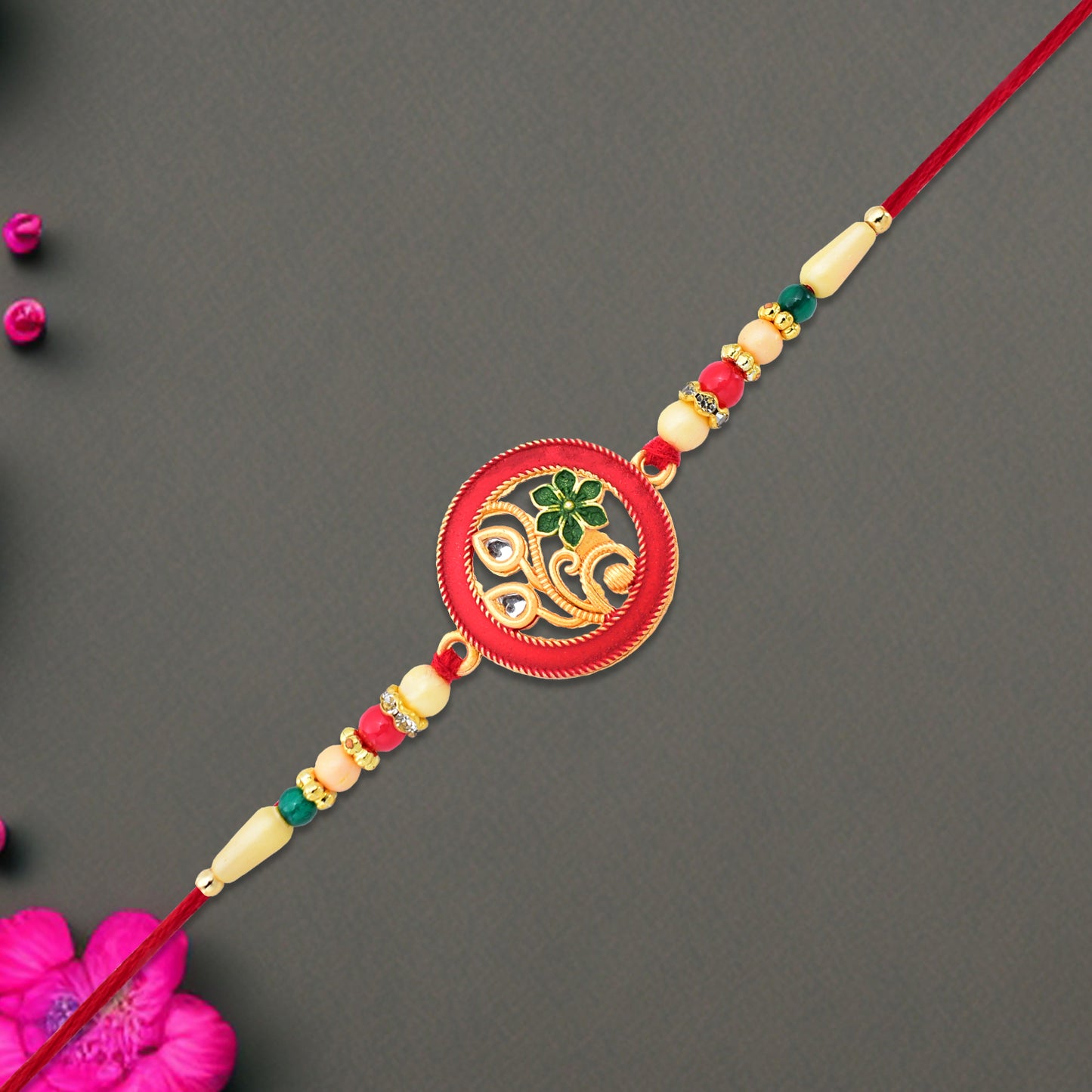 Round Designer Paisley Rakhi With Floral Charm