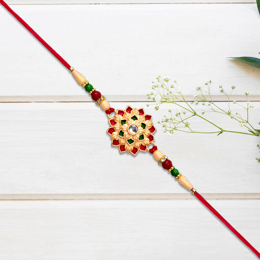 Multicolor Floral Rakhi With Mirror Center And Beaded Thread