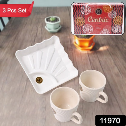 Cerntric Ceramic Tea Cup With Plastic Square Shape Serving Platter Milk Cup 3pc Set